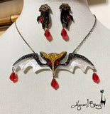 Lily Munster Bat Necklace and Earrings - Pearly White and Gold