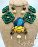 Turquoise Girl, Chinese Tile, Necklace and Lantern Earrings Set