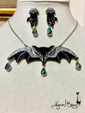Lily Munster Bat Necklace and Earrings - Black and Silver
