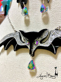 Lily Munster Bat Necklace and Earrings - Black and Silver