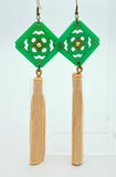 Chinese Tile Tassel Earrings - Green and Gold