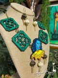 Turquoise Girl, Chinese Tile, Necklace and Lantern Earrings Set
