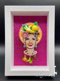 Collector’s Carmen Miranda Brooch and Earrings - Orange Halo Shadowbox on Magenta