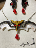 Lily Munster Bat Necklace and Earrings - Pearly White and Gold