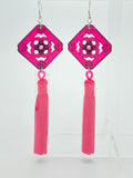 Chinese Tile Tassel Earrings - Pink and Black
