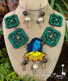 Turquoise Girl, Chinese Tile, Necklace and Lantern Earrings Set