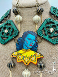 Turquoise Girl, Chinese Tile, Necklace and Lantern Earrings Set