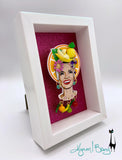 Collector’s Carmen Miranda Brooch and Earrings - Orange Halo Shadowbox on Magenta