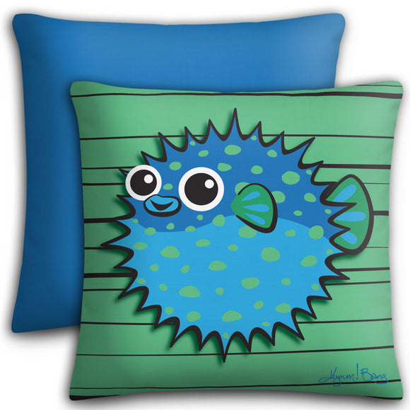 Puffer Fish - Blue on Green, Premium Stuffed Pillow