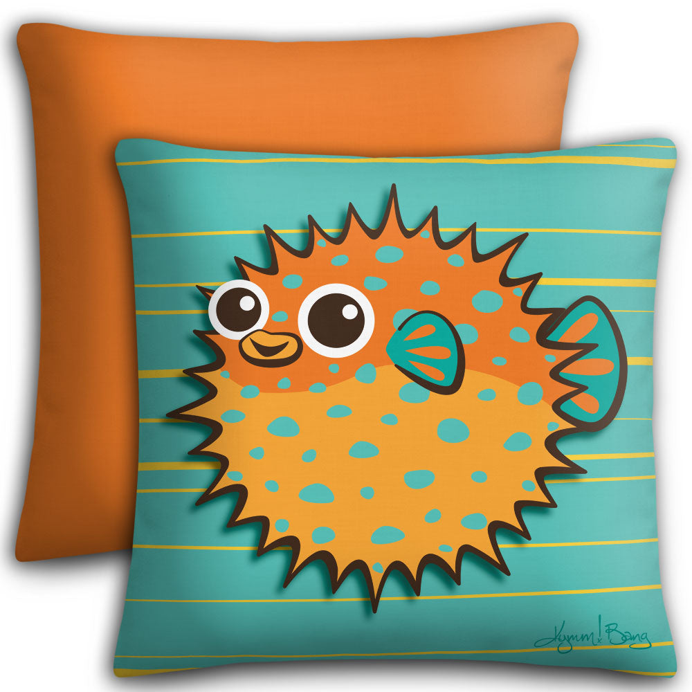 Puffer Fish - Orange on Turquoise, Premium Pillow Cover – Kymm! Bang