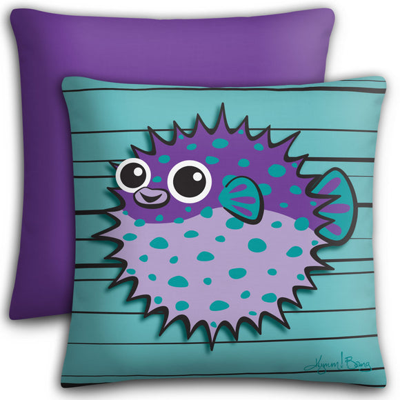Puffer Fish - Purple on Aqua, Premium Stuffed Pillow