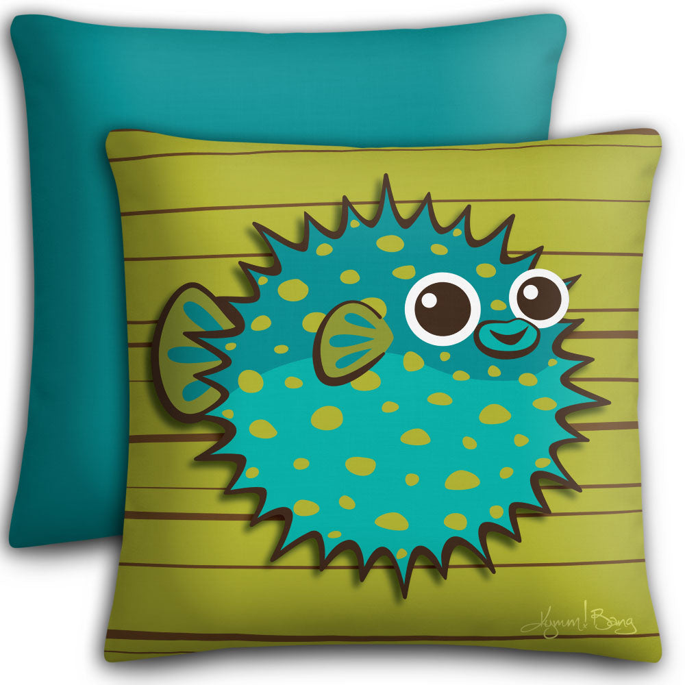 Puffer Fish - Turquoise on Avocado, Premium Pillow Cover – Kymm! Bang