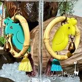 Bamboo Hoop Bird Tiki Earrings - Aqua and Yellow