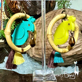 Bamboo Hoop Bird Tiki Earrings - Aqua and Yellow