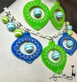 Shiny Brite Ornaments - Necklace & Earrings Set - Blue and Lime