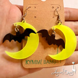 Moon and Bat Earrings - Yellow Glow-in-the-Dark