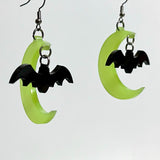Moon and Bat Earrings - Yellow Glow-in-the-Dark