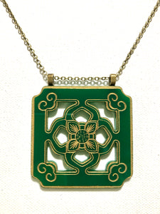 Chinese Tile Pendant Necklace - Green Acrylic