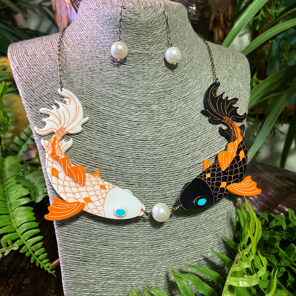 Koi Kiss - Japanese Koi Fish Necklace and Pearl Earrings