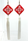 Chinese Tile Tassel Earrings - Red and White