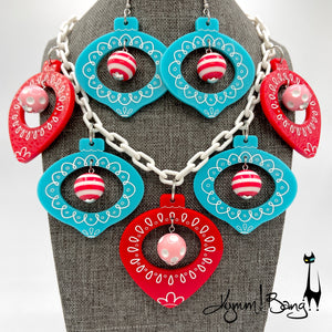 Shiny Brite Ornaments - Necklace / Earrings - Red and Turquoise