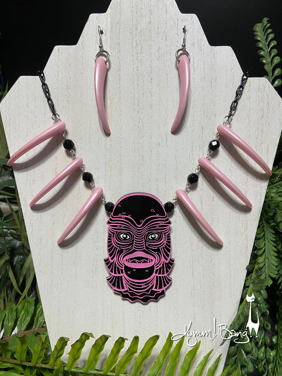 Creature with Claws - Pink on Black, Necklace and Earrings Set