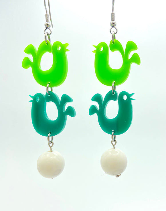 Mod Bird Earrings - Lime Green and Teal