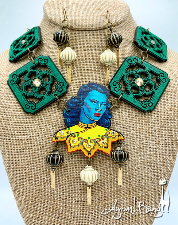 Turquoise Girl, Chinese Tile, Necklace and Lantern Earrings Set