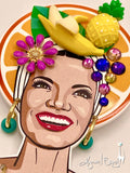 Collector’s Carmen Miranda Brooch and Earrings - Orange Halo Shadowbox on Magenta