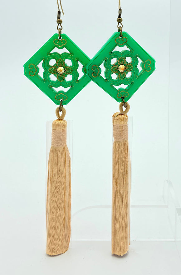 Chinese Tile Tassel Earrings - Green and Gold