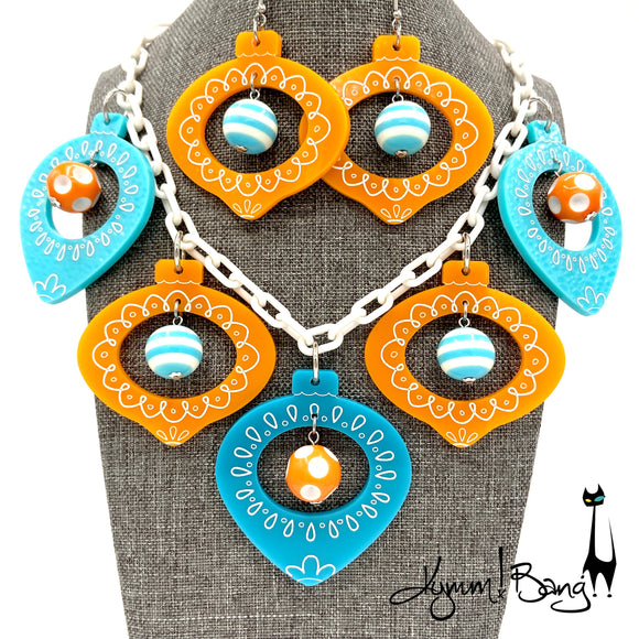 Shiny Brite Ornaments - Necklace / Earrings - Orange and Turquoise