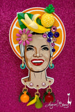Collector’s Carmen Miranda Brooch and Earrings - Orange Halo Shadowbox on Magenta