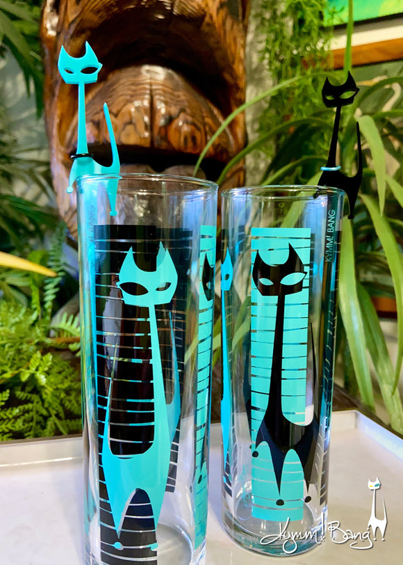 Kitty Cocktail Zombie Glass and Swizzles - Black and Aqua