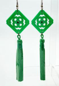 Chinese Tile Tassel Earrings - Green and Green