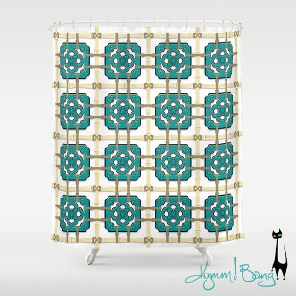Chinese Tile Shower Curtain - Teal on White