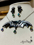 Lily Munster Bat Necklace and Earrings - Black and Silver
