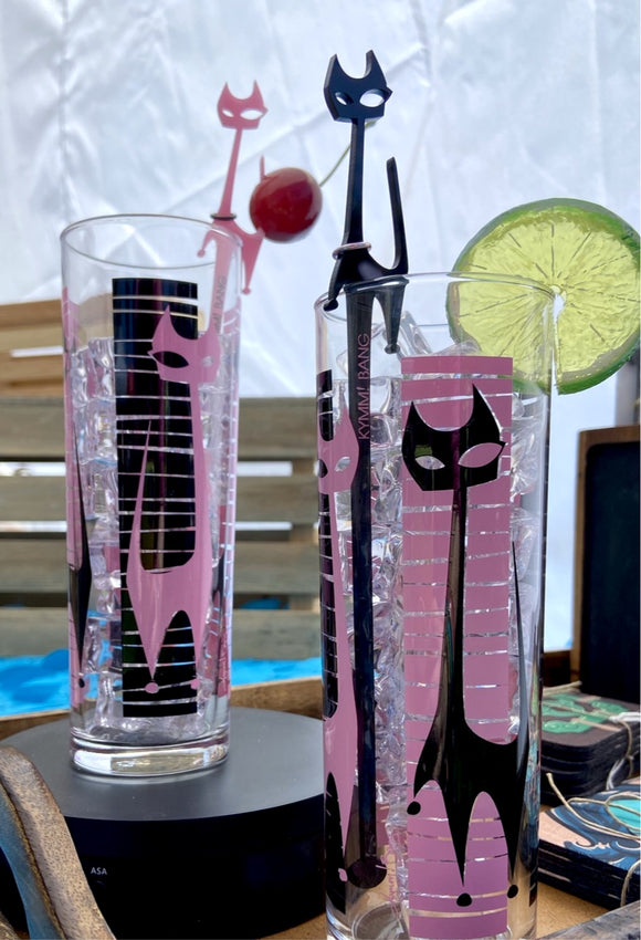 Kitty Cocktail Zombie Glass and Swizzles - Black and Pink