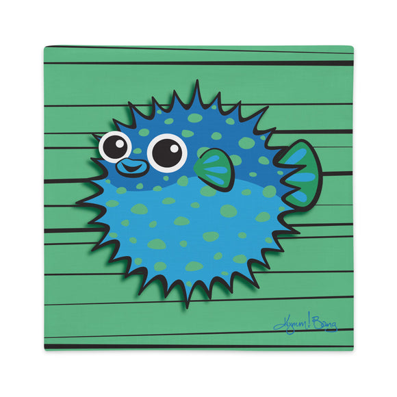 Puffer Fish - Blue on Green, Premium Pillow Cover