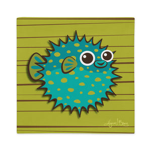 Puffer Fish - Turquoise on Avocado, Premium Pillow Cover