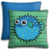 Puffer Fish - Blue on Green, Premium Pillow Cover