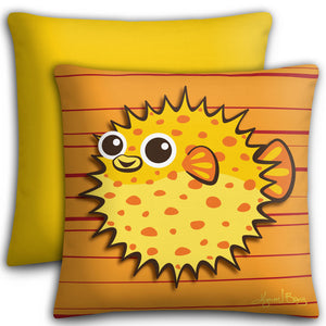 Puffer Fish - Yellow on Ornge, Premium Stuffed Pillow