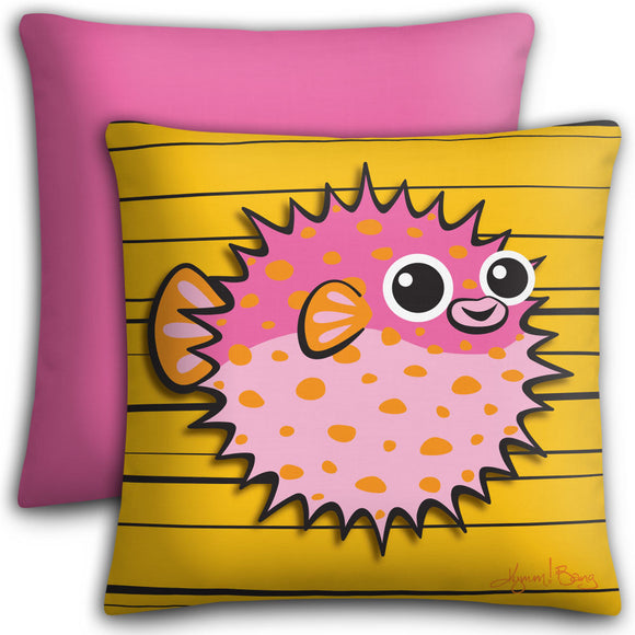 Puffer Fish - Pink on Tangerine, Premium Stuffed Pillow