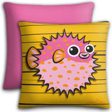 Puffer Fish - Pink on Orange, Premium Pillow Cover