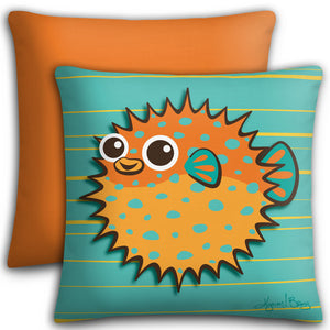 Puffer Fish - Orange on Turquoise, Premium Stuffed Pillow