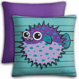 Puffer Fish - Purple on Turquoise, Premium Pillow Cover
