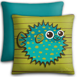 Puffer Fish - Turquoise on Avocado, Premium Pillow Cover
